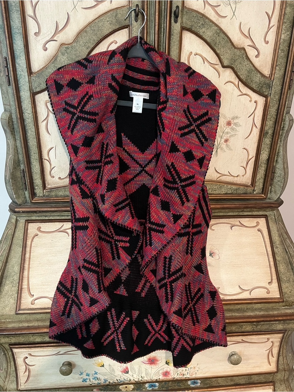 JohnPaulRichard Black Sweater with Red and Multicolor Knit Accents